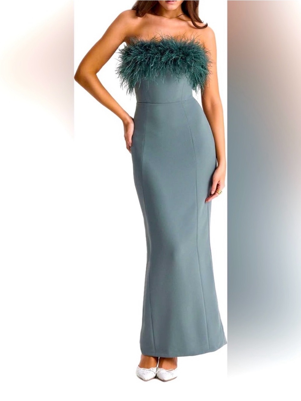House of CB Strapless Feather-Trim Gown in Teal Green